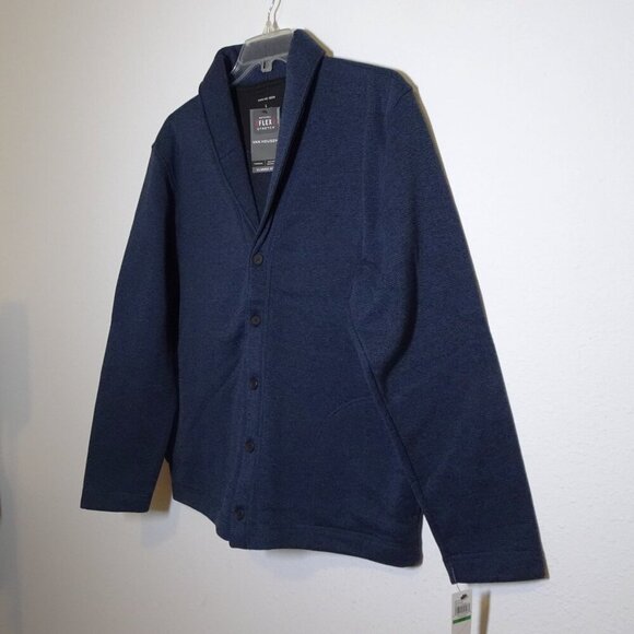 Van Heusen Grandpa Cardigan Men's Size L Blue Fleece Thermal Academia Professor - Picture 3 of 8